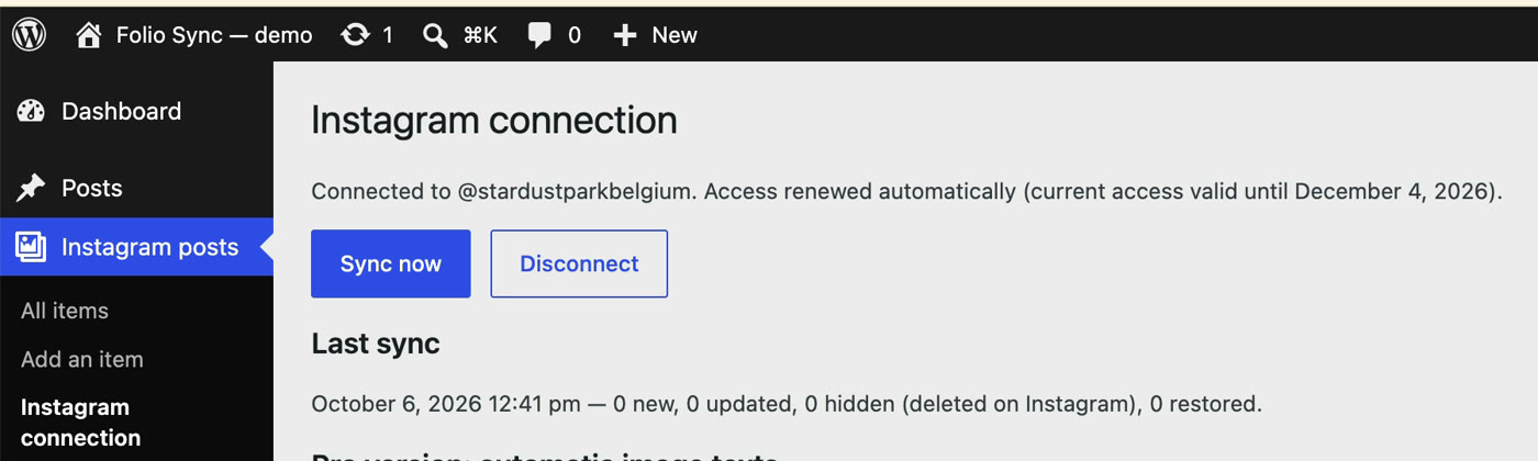Page de connexion Folio Sync dans WordPress : compte connecté et dernière synchronisation