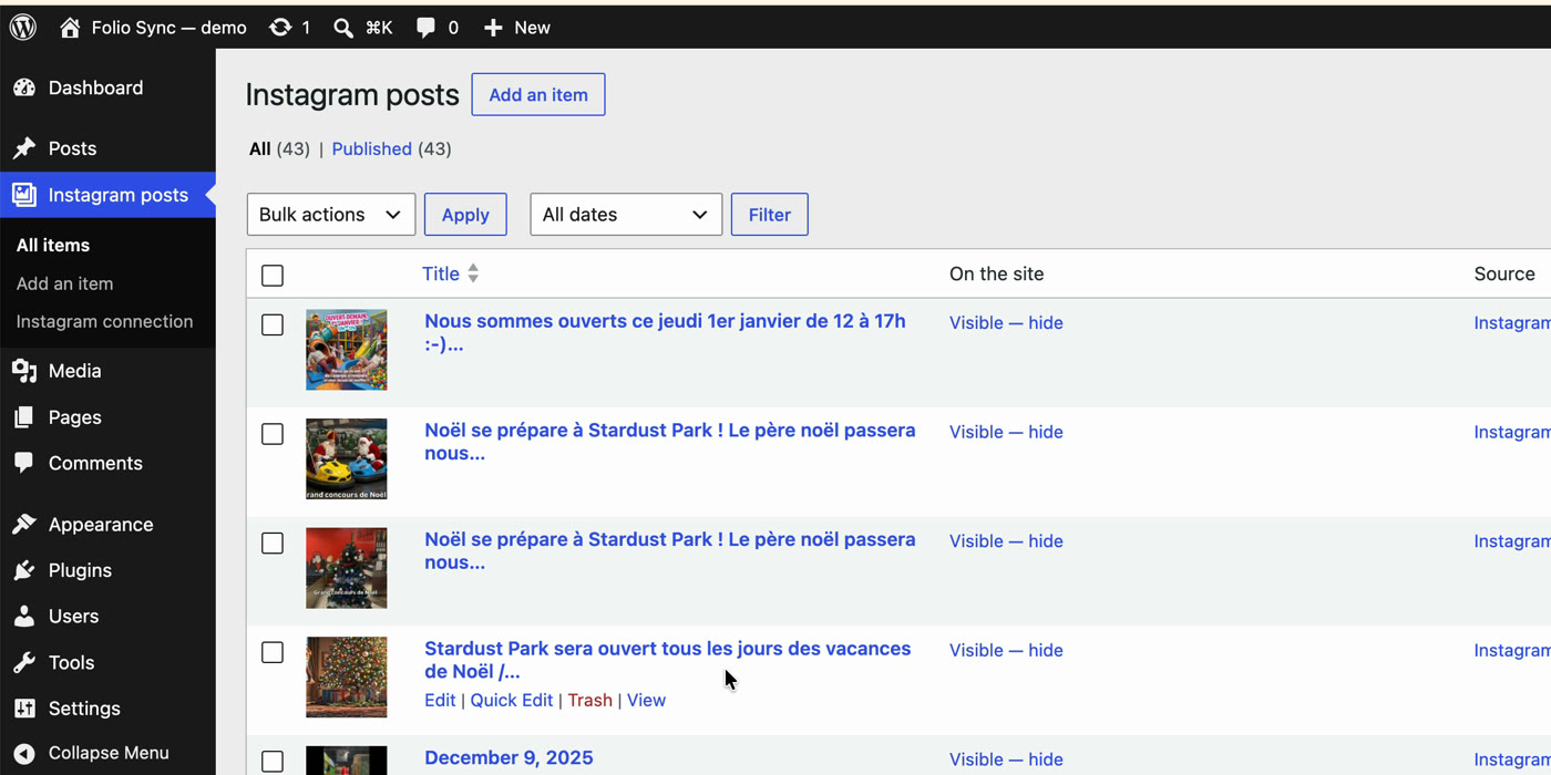 Liste des publications Instagram importées dans WordPress, avec le bouton pour les cacher