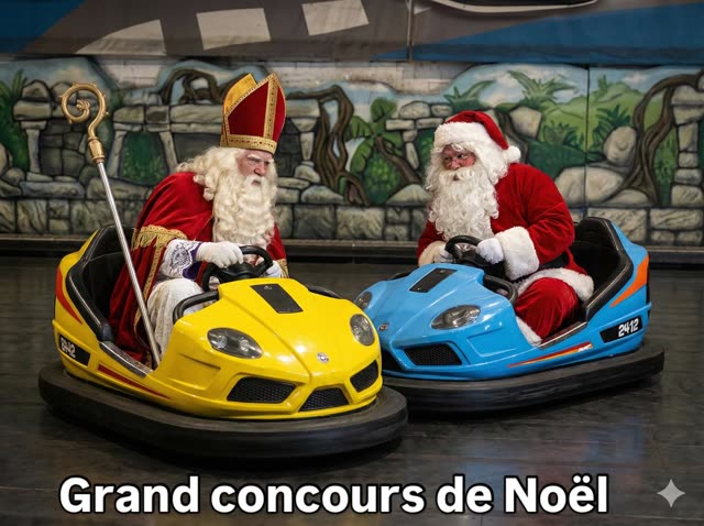 Saint-Nicolas et le Père Noël au volant d'autos-tamponneuses, avec le texte « Grand concours de Noël »