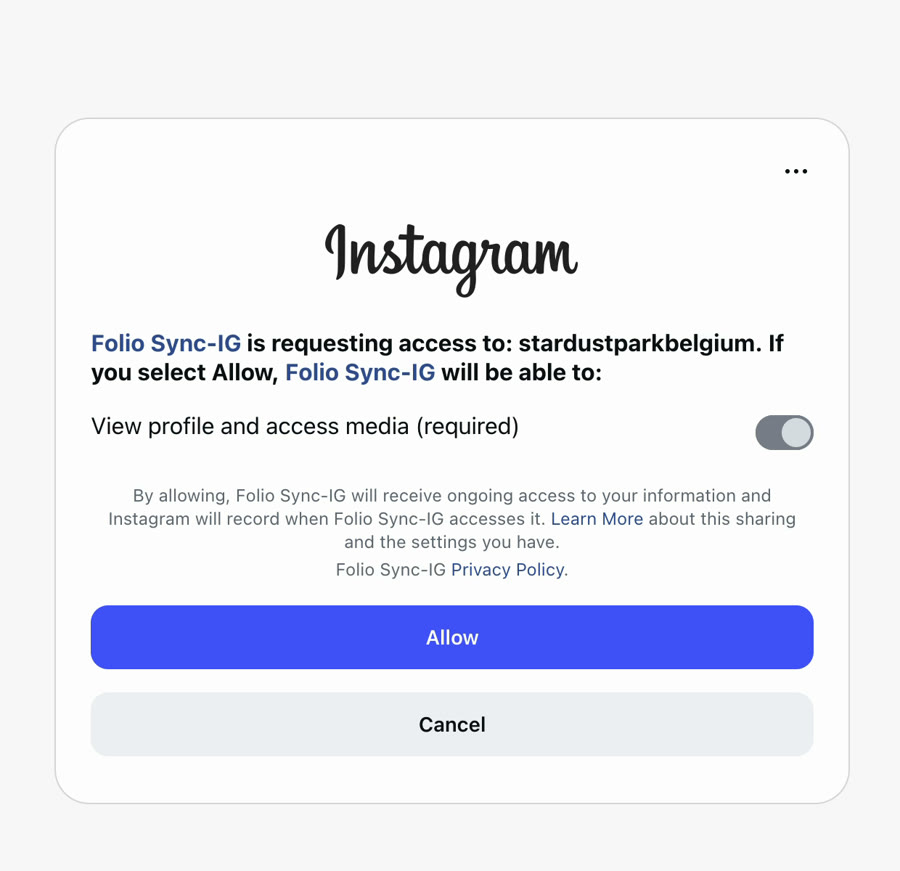 Écran d'autorisation Instagram : Folio Sync demande à voir le profil et les publications